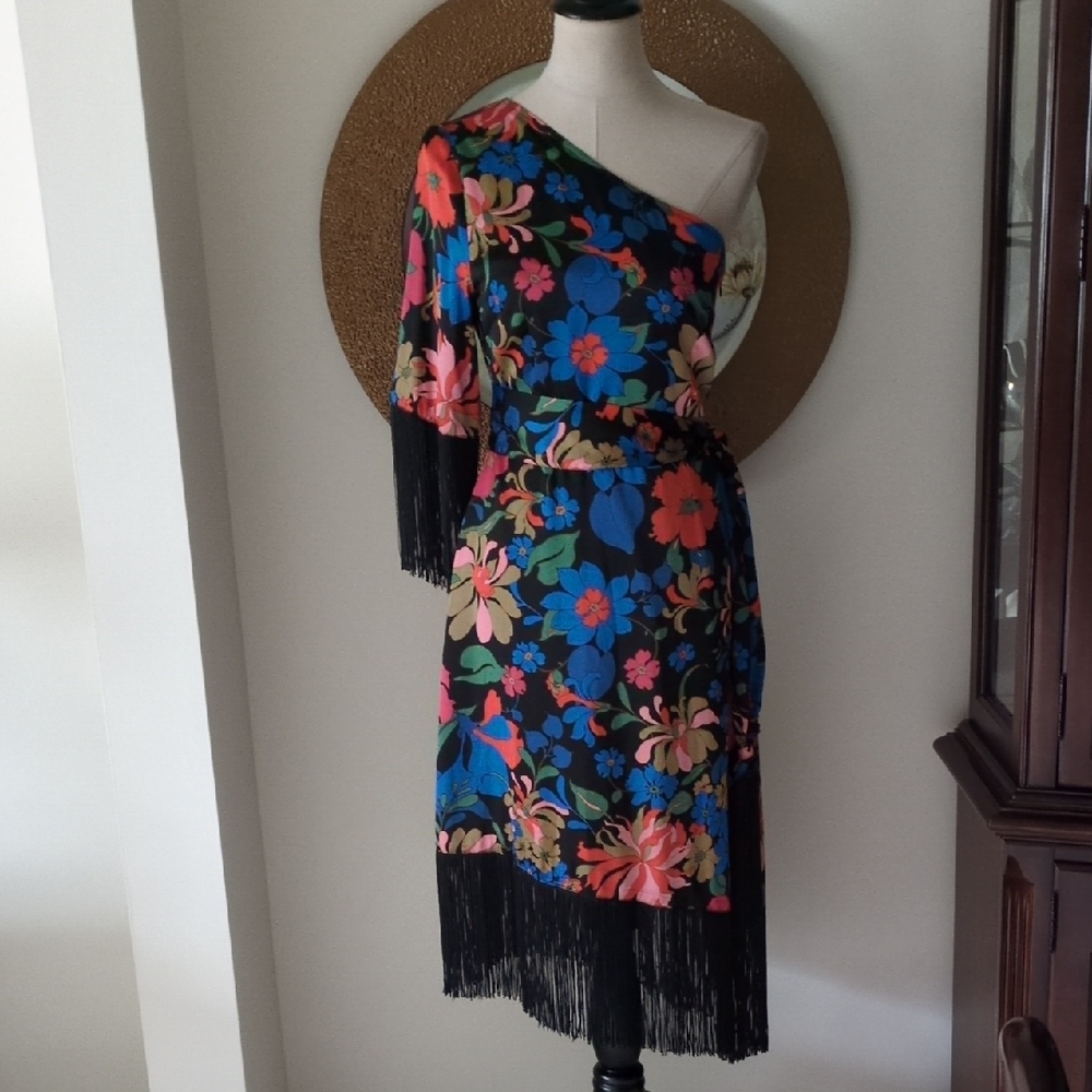 Fate Floral One-Shoulder Dress with Fringe